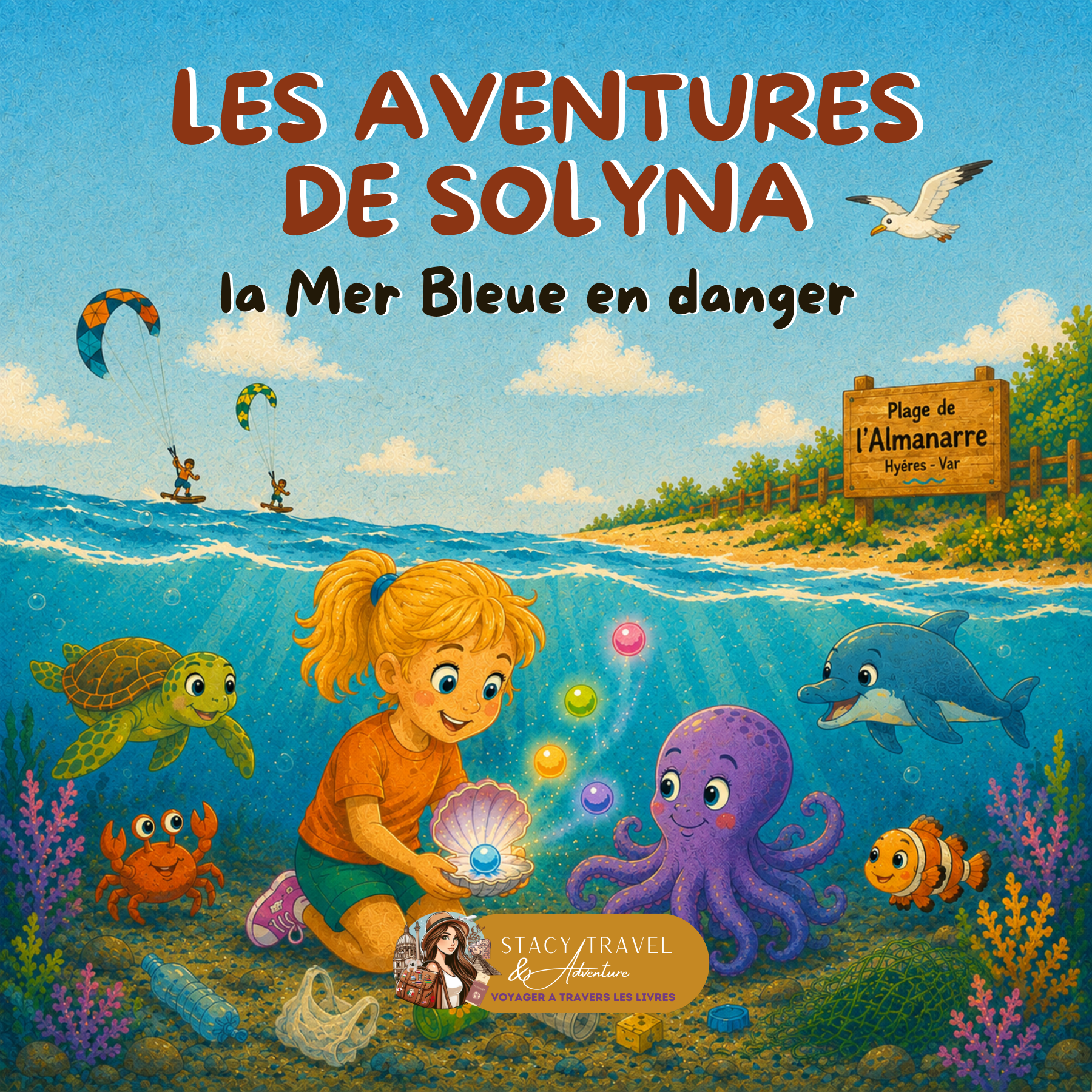 les aventures de Solyna, la mer Bleue en danger Livre jeunesse, à Hyères, plage de l'amanarre, protection de l'environnement, de la mer, des déchets