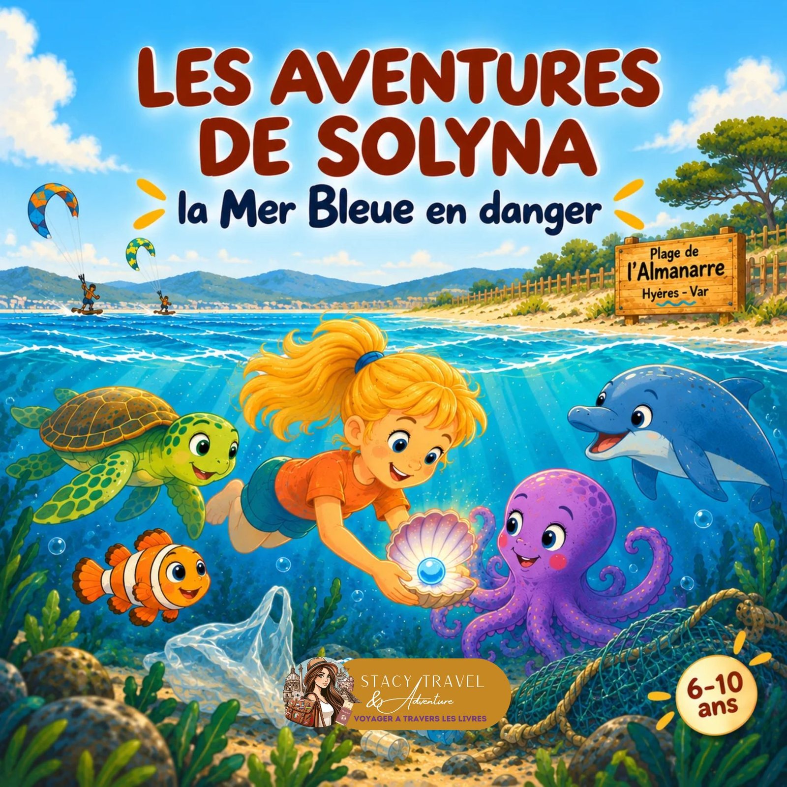 les aventures de Solyna, la mer Bleue en danger Livre jeunesse, à Hyères, plage de l'amanarre, protection de l'environnement, de la mer, des déchets